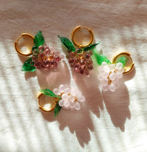 Load image into Gallery viewer, Gold plated hoop earrings with a handmade glass grape charm. The perfect gift for women who love colorful jewelry.
