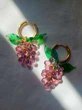 Load image into Gallery viewer, Cute gold plated hoop earrings with a handmade glass grape charm. The perfect gift for the colorful food  jewelry lovers.