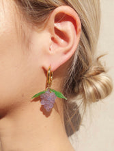 Load image into Gallery viewer, Grape earrings. Handmade with glass beads and gold plated stainless steel hoops.