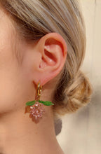 Load image into Gallery viewer, Handmade Grape Hoops Earrings. Made with glass beads and gold plated stainless steel.