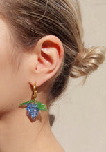 Load image into Gallery viewer, Blue Grape earrings. Handmade with glass beads and gold plated stainless steel hoops.