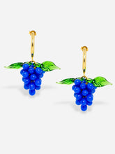 Load image into Gallery viewer, Handmade grape earrings with gold plated sterling silver hoops and blue beads.