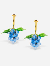 Load image into Gallery viewer, Handmade grape earrings with gold plated sterling silver hoops and blue beads.