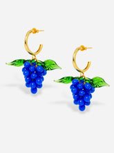 Load image into Gallery viewer, Handmade grape earrings with gold hoops and blue beads.