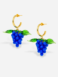 Handmade grape earrings with gold hoops and blue beads.
