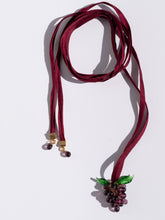 Load image into Gallery viewer, Maroon silk ribbon necklace with a cluster grape pendant made of glass.