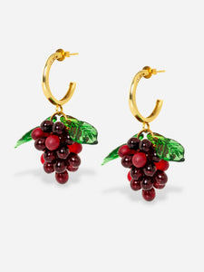 Handmade grape earrings with gold hoops and dark red beads.
