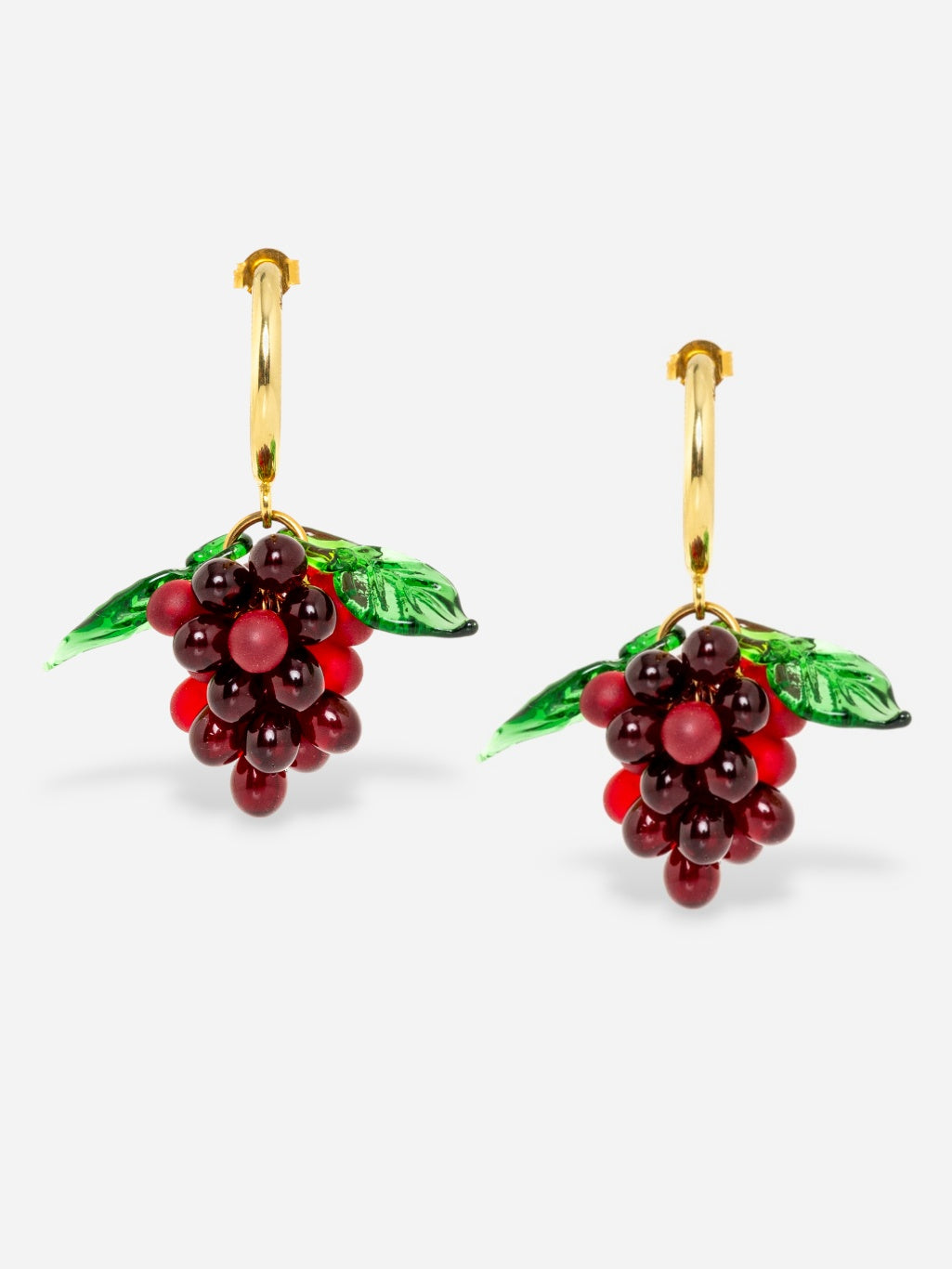 Grape earrings made of gold plated sterling silver hoops and glass beads.