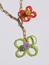 Load image into Gallery viewer, Handmade chunky necklace with colorful glass-bead flowers and a chunky gold-plated chain