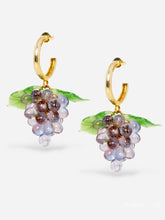 Load image into Gallery viewer, Grape earrings made of gold hoops and glasss beads.