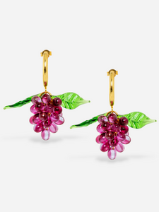 Pink Grape earrings made of gold plated sterling silver hoops and glasss beads.

