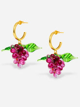 Load image into Gallery viewer, Pink fruit earrings with gold hoops and glass beads.