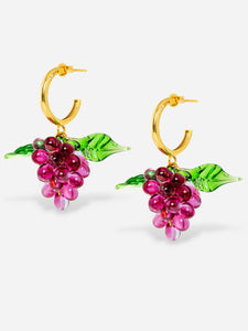 Pink fruit earrings with gold hoops and glass beads.