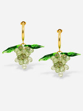 Load image into Gallery viewer, Handmade grape earrings with gold plated sterling silver hoops and green beads.