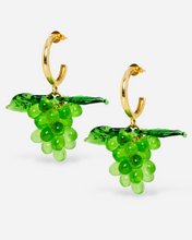 Load image into Gallery viewer, Grape earrings made of gold hoops and glass beads.
