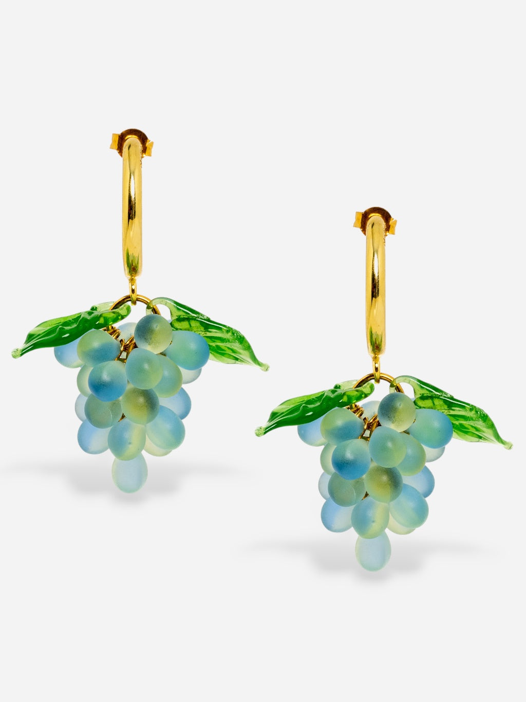Handmade grape earrings with gold hoops and green and blue beads.
