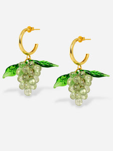 Handmade grape earrings with sterling silver hoops and green beads.
