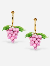 Load image into Gallery viewer, Pink grape earrings with gold hoops.