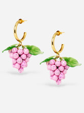 Load image into Gallery viewer, Pink fruit earrings with gold plated hoops.