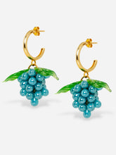 Load image into Gallery viewer, Grape earrings made of gold plated sterling silver hoops and glass beads.