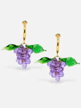 Load image into Gallery viewer, Handmade grape earrings with gold hoops and purple beads.