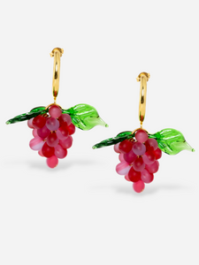  Handmade grape earrings with gold hoops and red beads.
