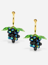 Load image into Gallery viewer, Black Grape earrings with handmade gold hoops and glass beads.