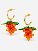 Load image into Gallery viewer, Orange grape earrings with gold plated sterling silver hoops.