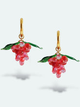 Load image into Gallery viewer, Handmade gold hoop earrings with grape charm made of red glass beads.