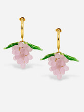 Load image into Gallery viewer, Handmade grape earrings with gold plated sterling silver hoops and pink beads.