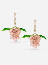 Load image into Gallery viewer, andmade grape earrings with sterling silver hoops and pink beads.