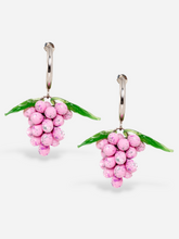Load image into Gallery viewer, Handmade grape earrings with sterling silver hoops and pink beads.