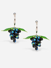 Load image into Gallery viewer, Handmade grape earrings with sterling silver hoops and black beads.