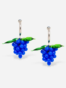 Handmade grape earrings with sterling silver hoops and cobalt blue beads.