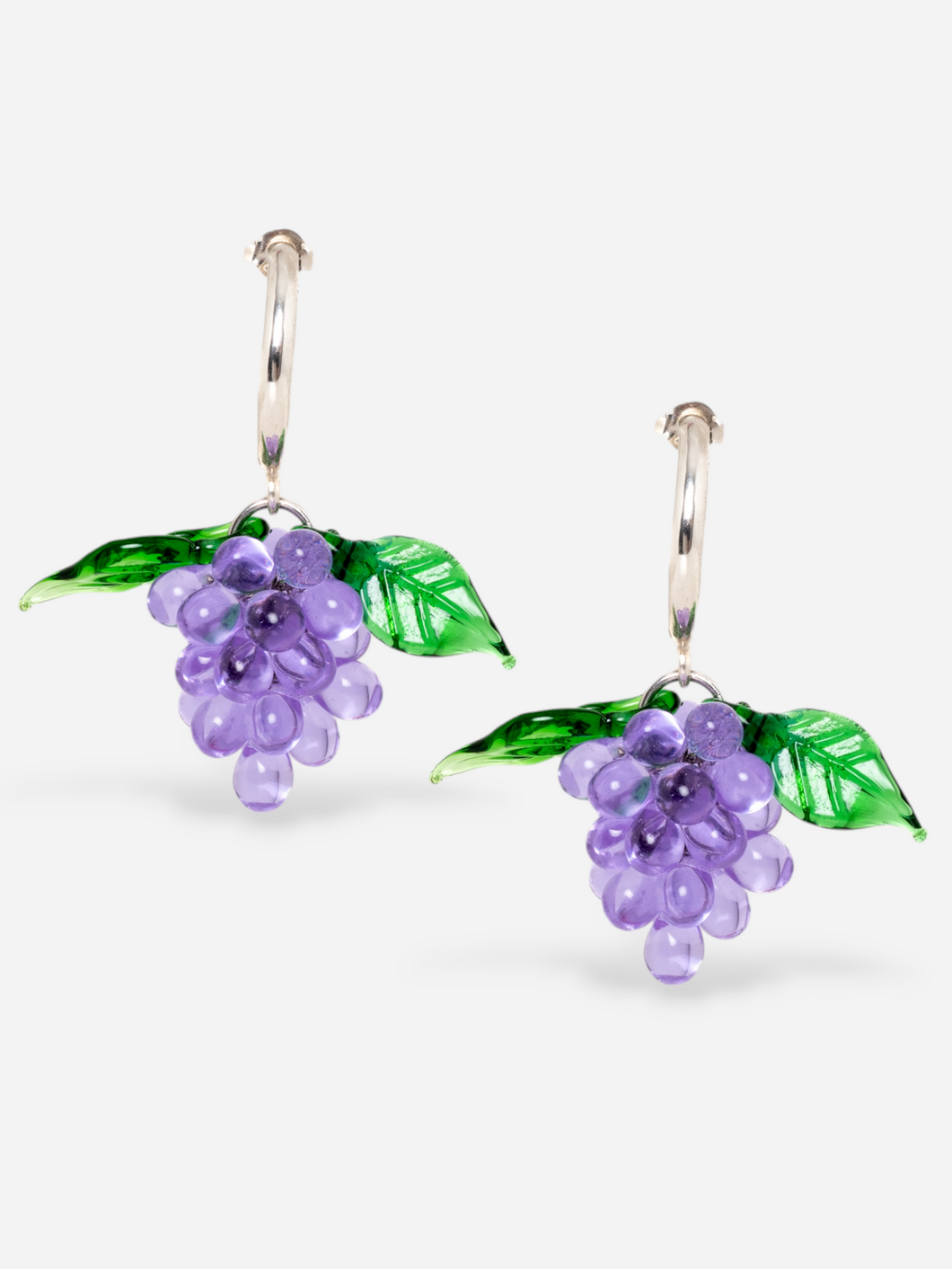 Handmade grape earrings with sterling silver hoops and lilac beads.