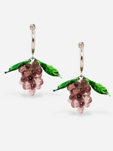 Load image into Gallery viewer, Handmade grape earrings with sterling silver hoops and plum beads.
