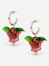 Load image into Gallery viewer, Grape earrings made of sterling silver hoops and glasss beads.