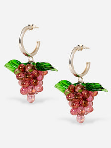 Grape earrings made of sterling silver hoops and glasss beads.
