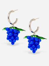 Load image into Gallery viewer, Grape earrings made of sterling silver hoops and cobalt blue glasss beads.