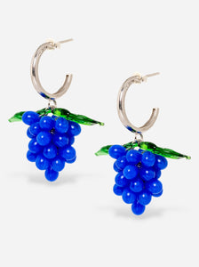 Grape earrings made of sterling silver hoops and cobalt blue glasss beads.