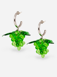 Grape earrings made of sterling silver hoops and green glasss beads.