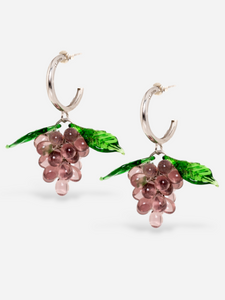 Grape earrings made of sterling silver hoops and plum glasss beads.