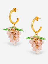 Load image into Gallery viewer, Handmade grape earrings with gold plated sterling silver hoops and pink beads.