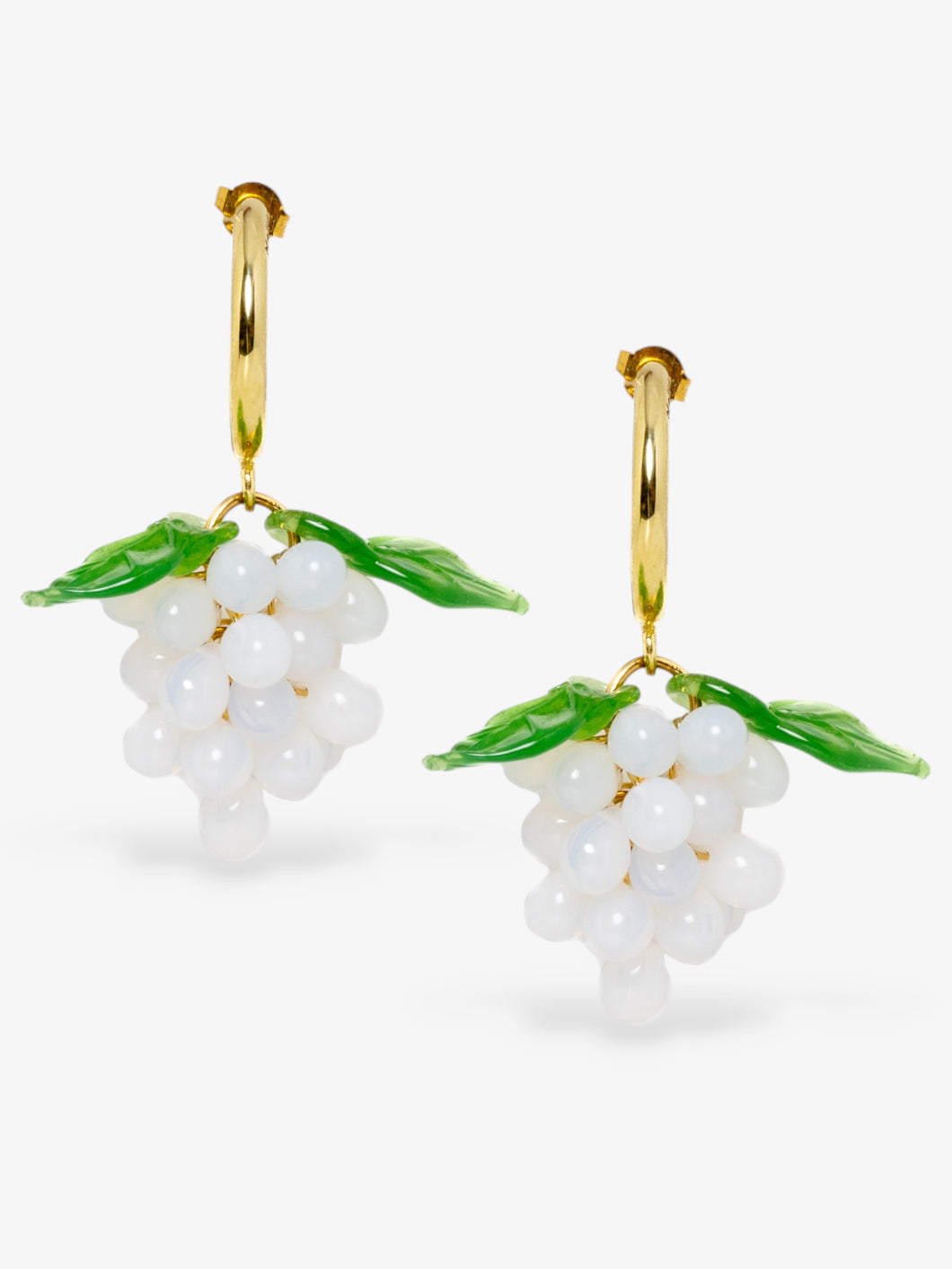 Handmade grape earrings with gold plated sterling silver hoops and white beads.