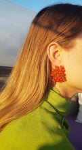 Load image into Gallery viewer, Handmade statement colourful flower beaded earrings with a retro style.