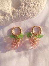 Load image into Gallery viewer, Handmade Gold Hoop Earrings with light pink Grape charm