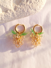 Load image into Gallery viewer, Gold Hoop earrings with glass grape charm in champaign colour.