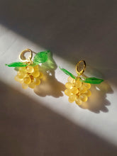 Load image into Gallery viewer, Cute handmade sterling silver huggie hoop earrings with Berries charm made of Czech and Murano glass beads. The perfect colorful jewelry.