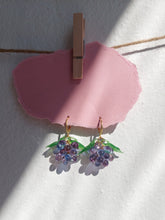 Load image into Gallery viewer, Cute handmade sterling silver huggie hoop earrings with Berries charm made of Czech and Murano glass beads. The perfect colorful jewelry for you or a gift.