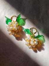 Load image into Gallery viewer, Cute handmade sterling silver huggie hoop earrings with Berries charm made of Czech and Murano glass beads. The perfect colorful jewelry.